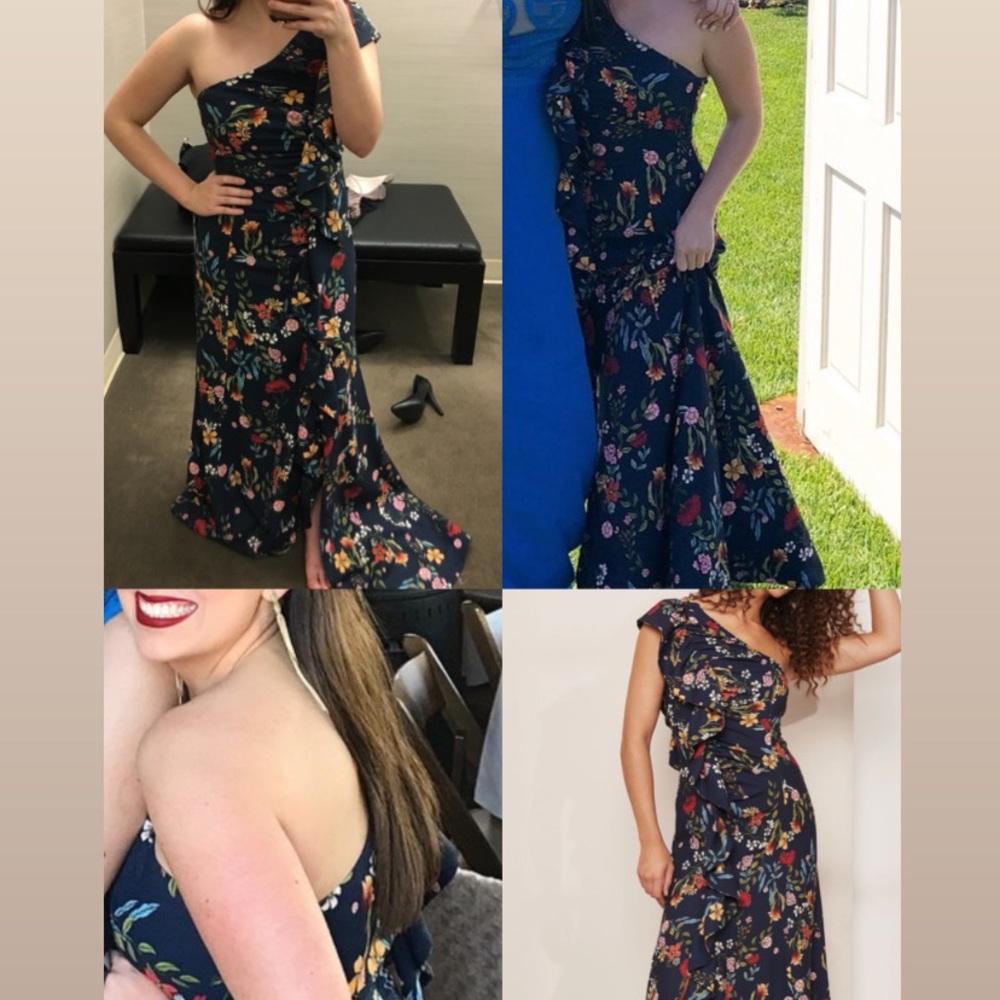 One Shoulder Navy Blue Floral Wedding Guest Maxi Dress